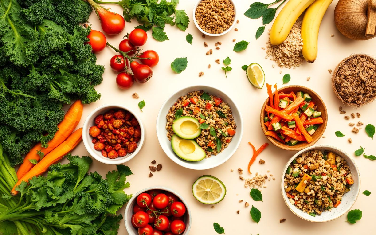 Fresh vegetables, fruits, grains and prepared bowls on a warm background